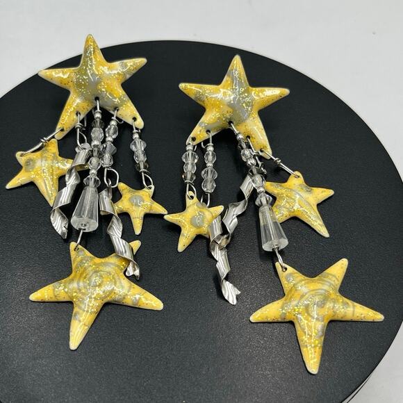 Lunch At The Ritz Vintage Earrings Golden Glitter Stars Moon Signed Designer 86 - Picture 1 of 12
